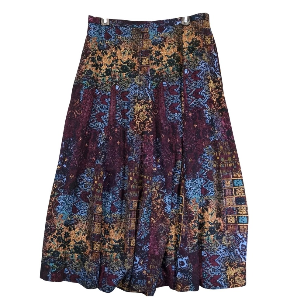 Vintage 90s Koret Burgundy Floral A-Line Midi Skirt Sz 16 Rayon Pockets Academia